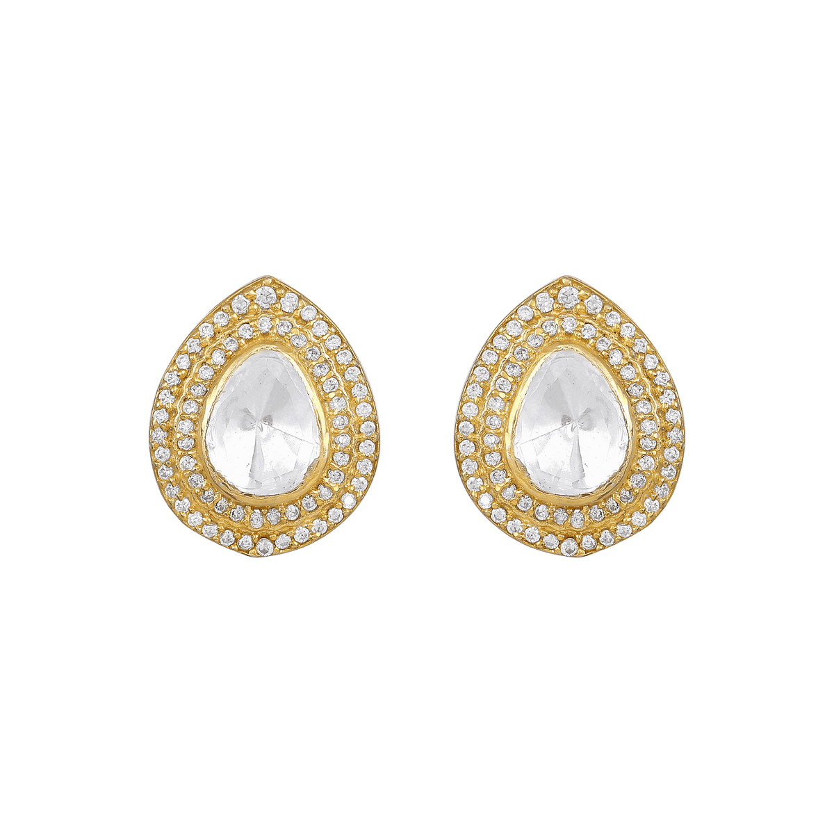 Majestic Pear-Cut Polki style pear-shaped studs in gold-plated 92.5 silver with clear cubic zirconia and pavé-set accents.
