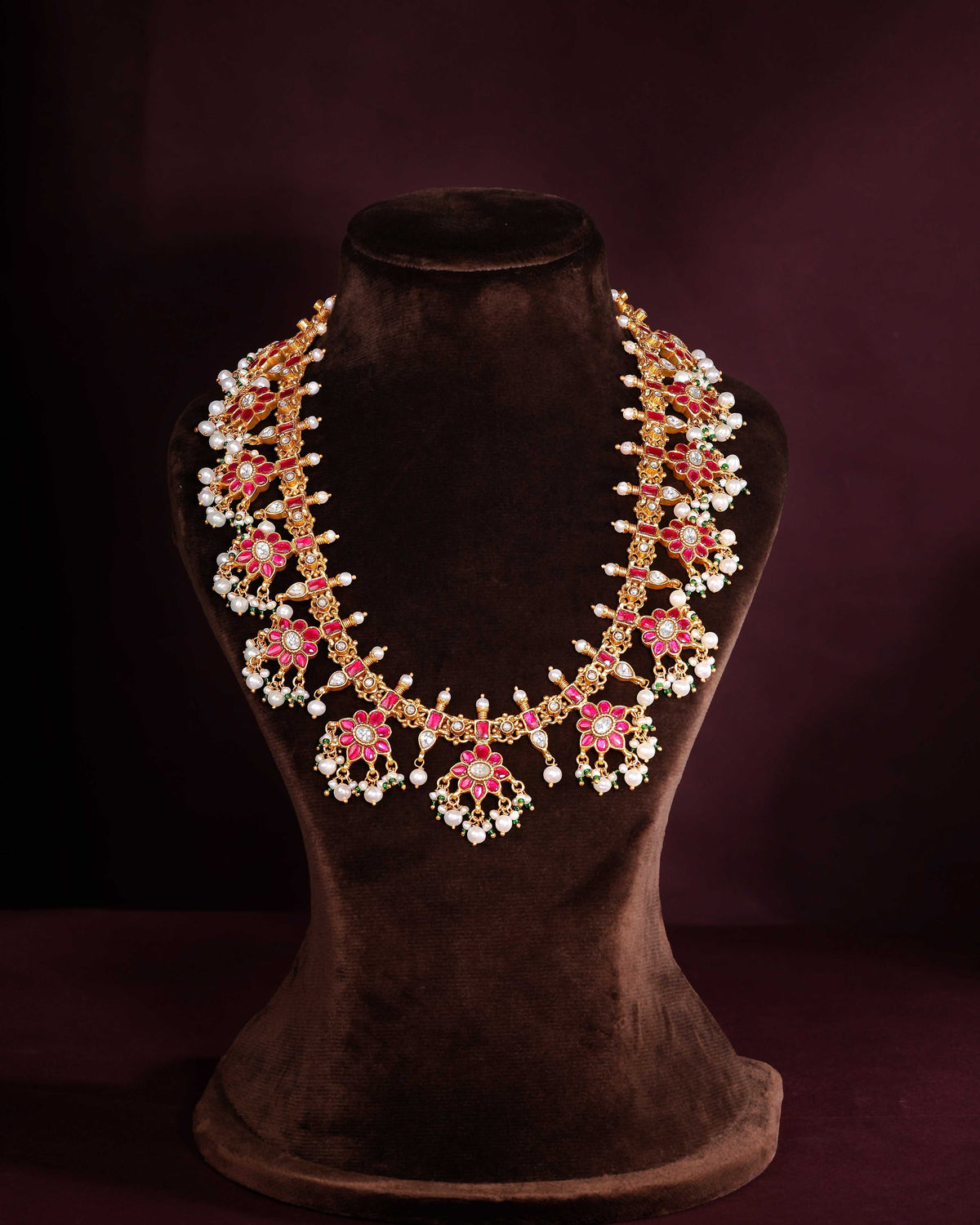Silver Red Stone Floral Haram by Tavya Jewellery - full view