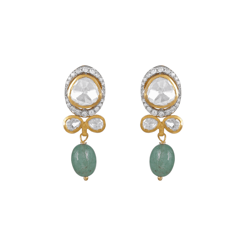 Polki-Style Silver CZ Halo Earrings featuring large clear stones with gold accents and green oval bead drops in sterling silver.