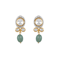Polki-Style Silver CZ Halo Earrings featuring large clear stones with gold accents and green oval bead drops in sterling silver.