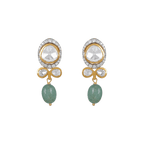 Polki-Style Silver CZ Halo Earrings featuring large clear stones with gold accents and green oval bead drops in sterling silver.