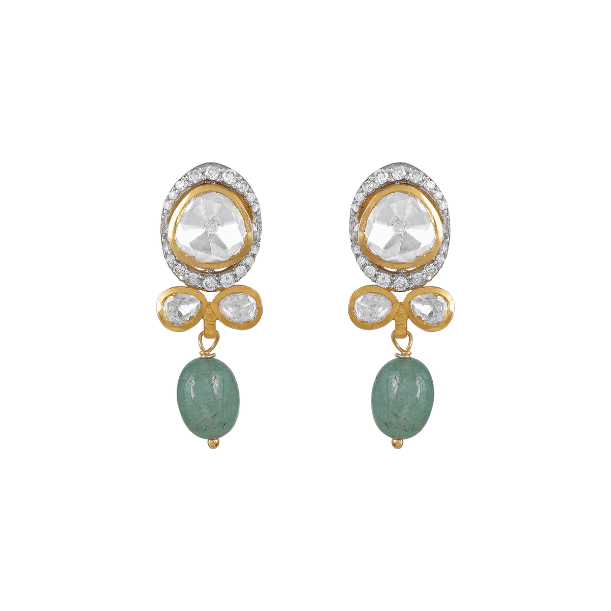 Polki-Style Silver CZ Halo Earrings featuring large clear stones with gold accents and green oval bead drops in sterling silver.