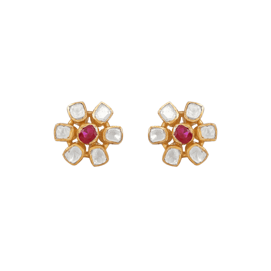 Floral Polki-Style Silver Studs featuring a six-petal gold-plated design with a central red stone and surrounding white stones.