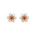 Floral Polki-Style Silver Studs featuring a six-petal gold-plated design with a central red stone and surrounding white stones.