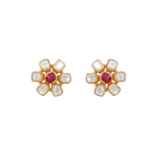 Floral Polki-Style Silver Studs featuring a six-petal gold-plated design with a central red stone and surrounding white stones.