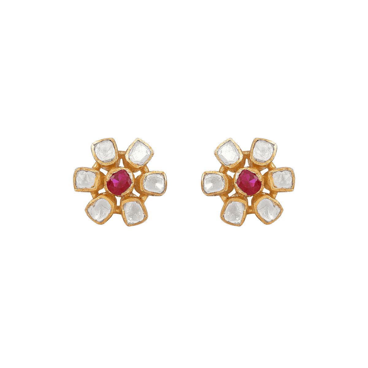 Floral Polki-Style Silver Studs featuring a six-petal gold-plated design with a central red stone and surrounding white stones.