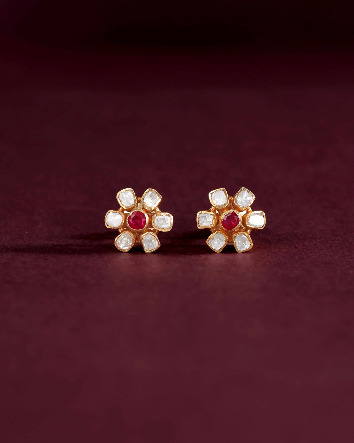 Floral Polki-Style Silver Studs by Tavya Jewellery - close-up detail