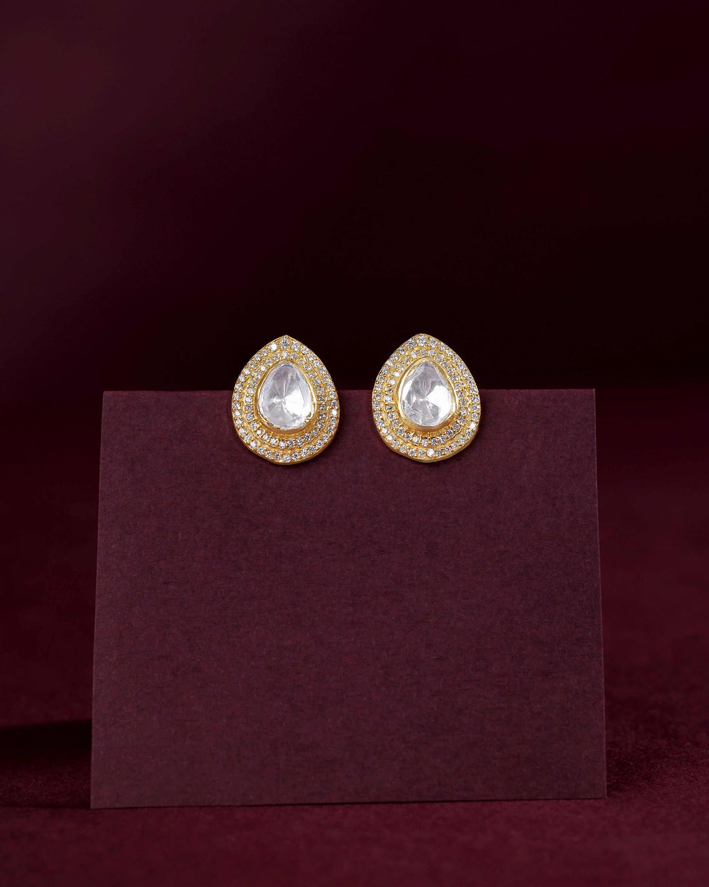 Majestic Pear-Cut Polki Style 92.5 Silver Studs by Tavya Jewellery - close-up detail