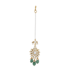 Silver Maang Tikka featuring a starburst pattern with clear stones, green beads, and a pearl-linked chain with gold accents.