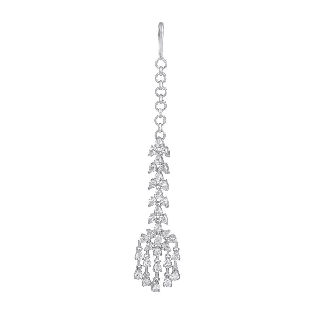 Silver CZ Maang Tikka featuring a cascading design of sparkling cubic zirconia stones in sterling silver with a pear-drop motif and fringe detail.