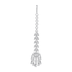 Silver CZ Maang Tikka featuring a cascading design of sparkling cubic zirconia stones in sterling silver with a pear-drop motif and fringe detail.
