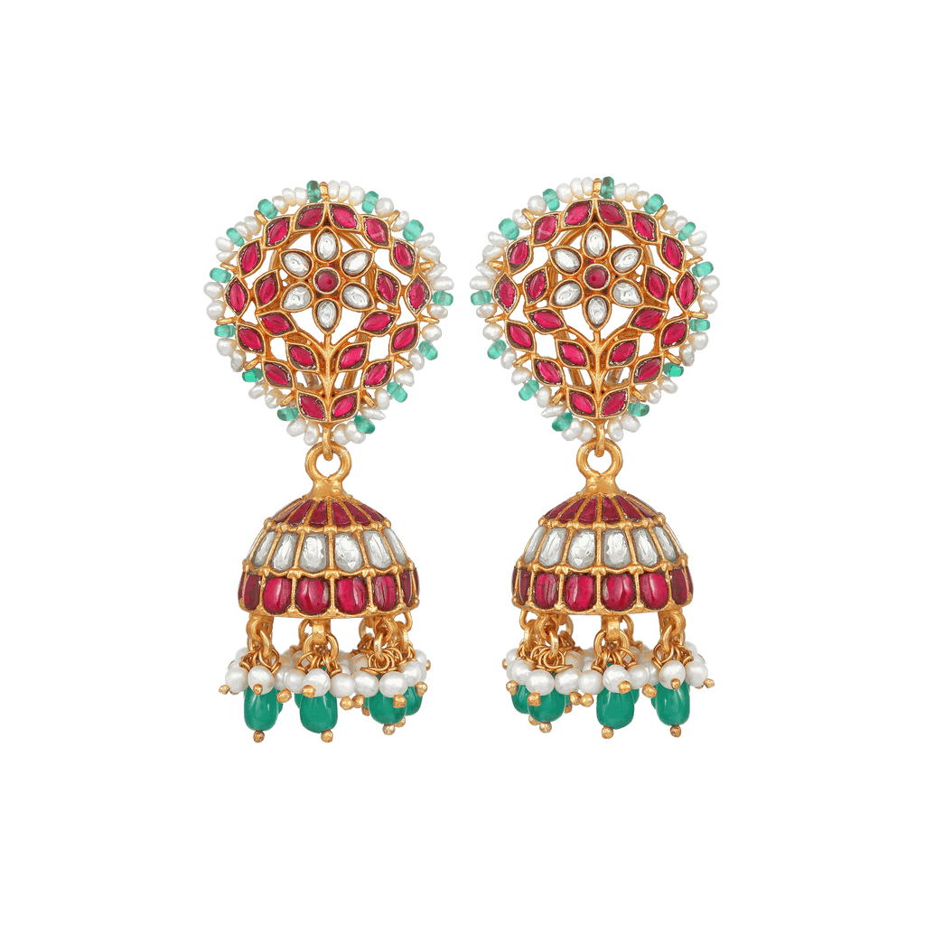 Vibrant Floral Kemp-Style gold-plated silver jhumkas with ruby-red, white stones, green beads, and pearl drops in intricate floral design