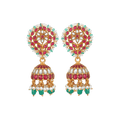 Vibrant Floral Kemp-Style gold-plated silver jhumkas with ruby-red, white stones, green beads, and pearl drops in intricate floral design