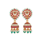 Vibrant Floral Kemp-Style gold-plated silver jhumkas with ruby-red, white stones, green beads, and pearl drops in intricate floral design