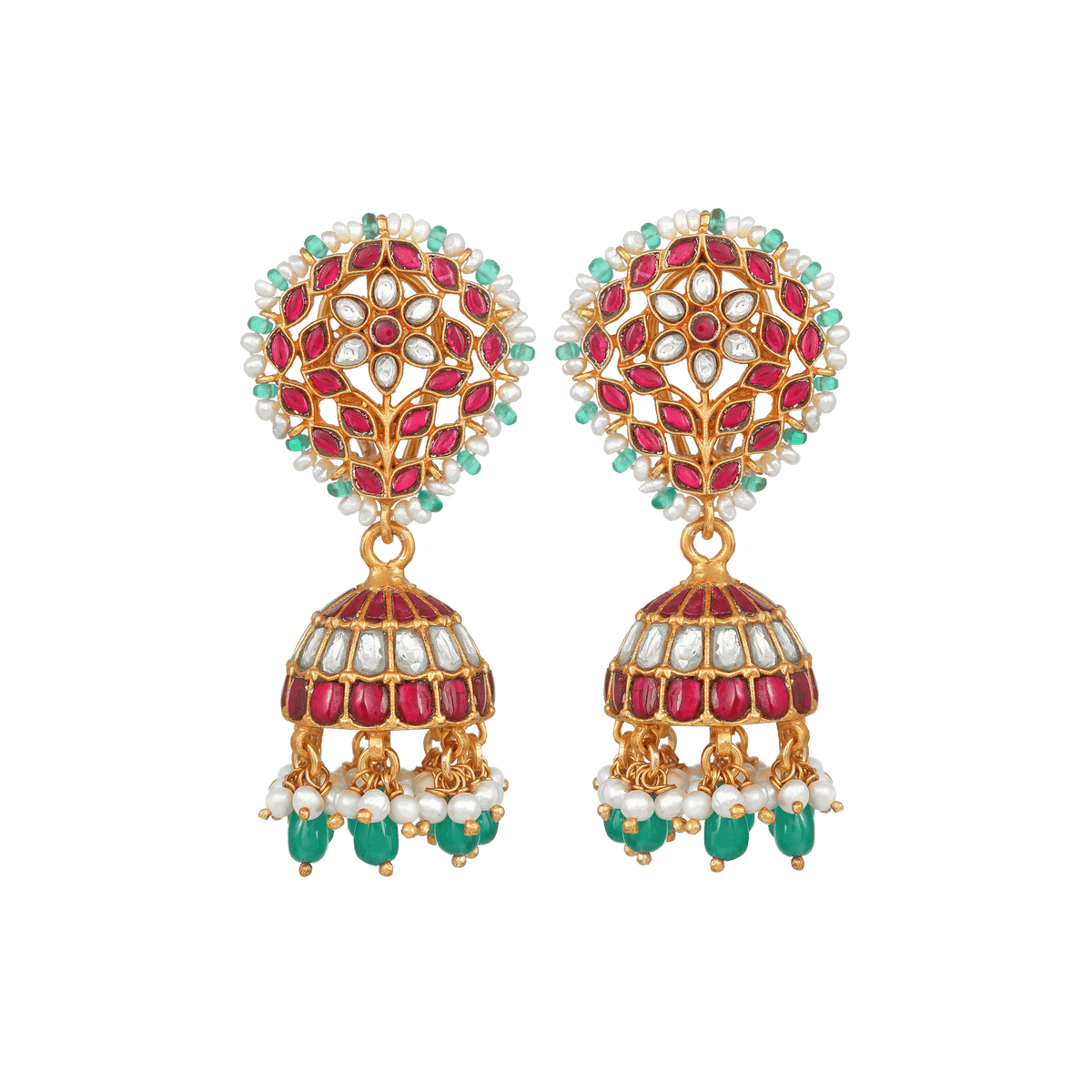 Vibrant Floral Kemp-Style gold-plated silver jhumkas with ruby-red, white stones, green beads, and pearl drops in intricate floral design