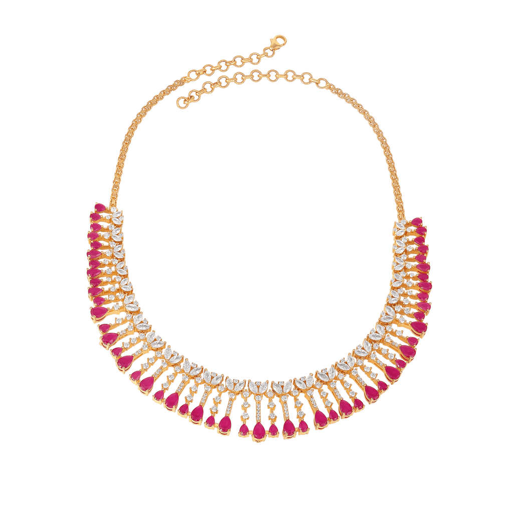 Radiant Flora pink stone choker set in gold tone with pear-cut pink stones and clear CZ accents in a leaf pattern design.