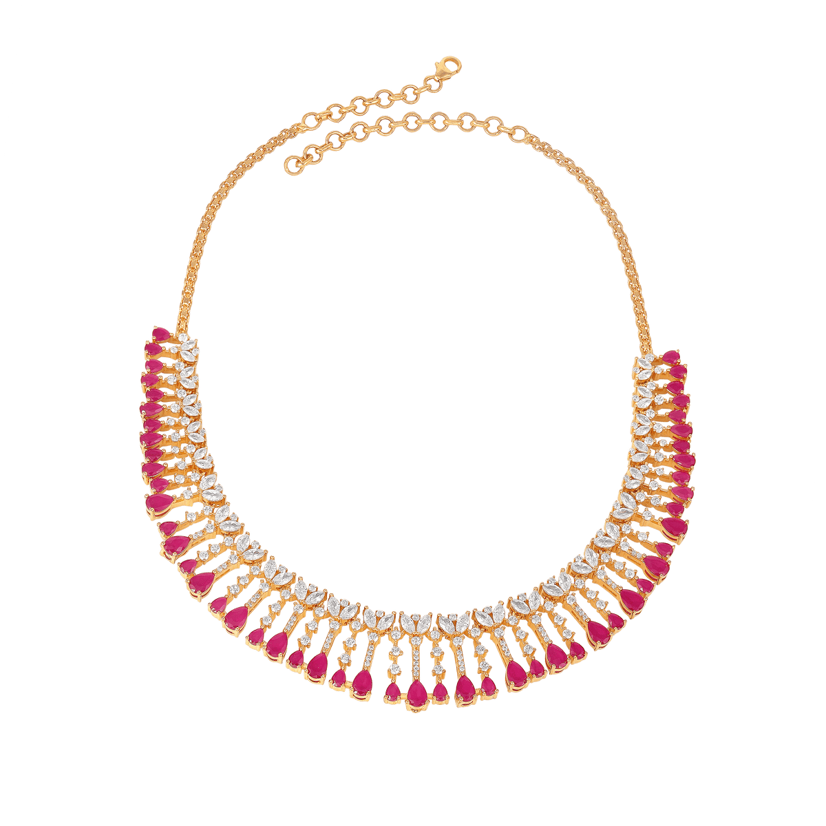 Radiant Flora pink stone choker set in gold tone with pear-cut pink stones and clear CZ accents in a leaf pattern design.