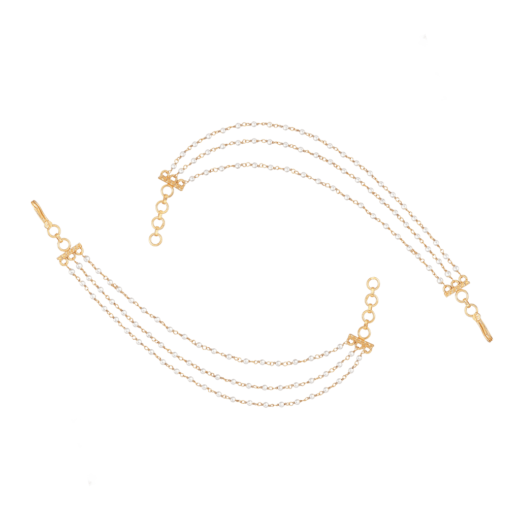 Three-Layered Pearl Silver Ear Chains featuring three delicate gold-plated strands with small white pearls and secure hook closures.