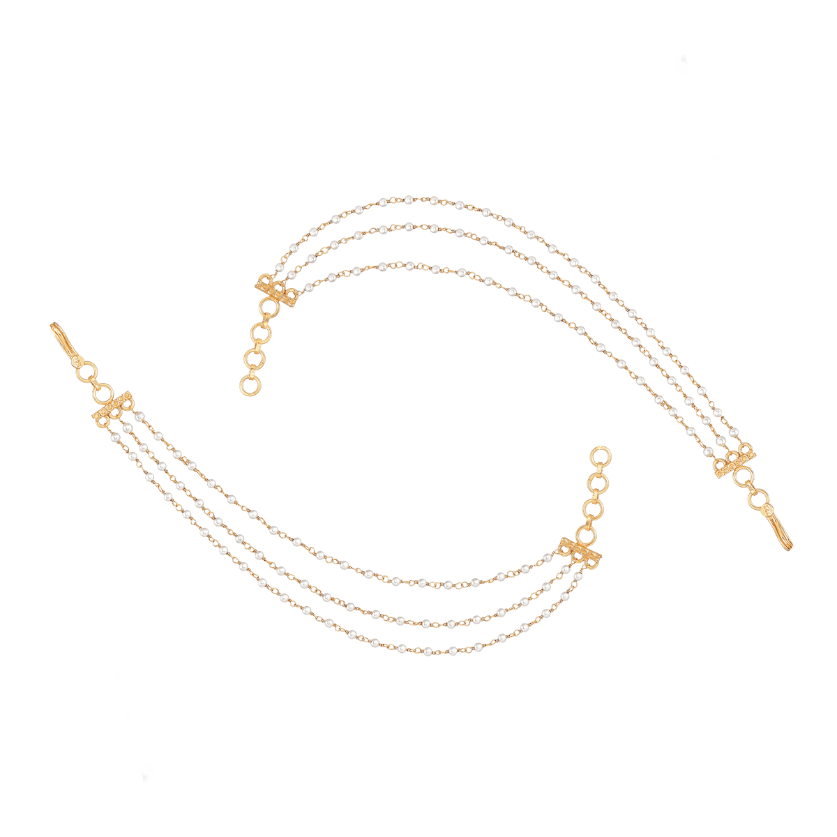 Three-Layered Pearl Silver Ear Chains featuring three delicate gold-plated strands with small white pearls and secure hook closures.