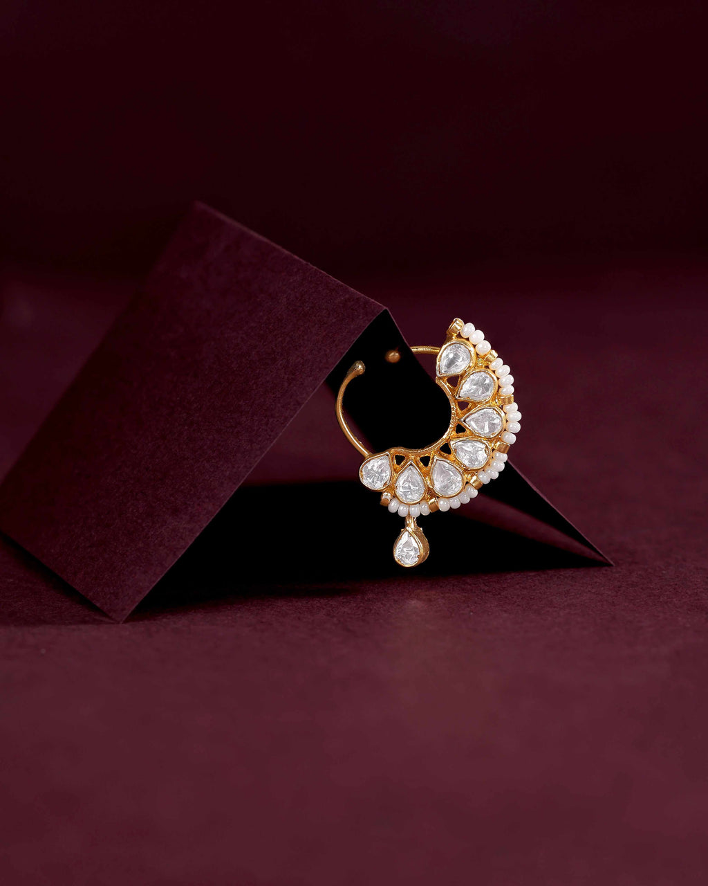 Aurora Bezel-Set CZ Silver Nose Pin with Pearl Accents by Tavya Jewellery - side view