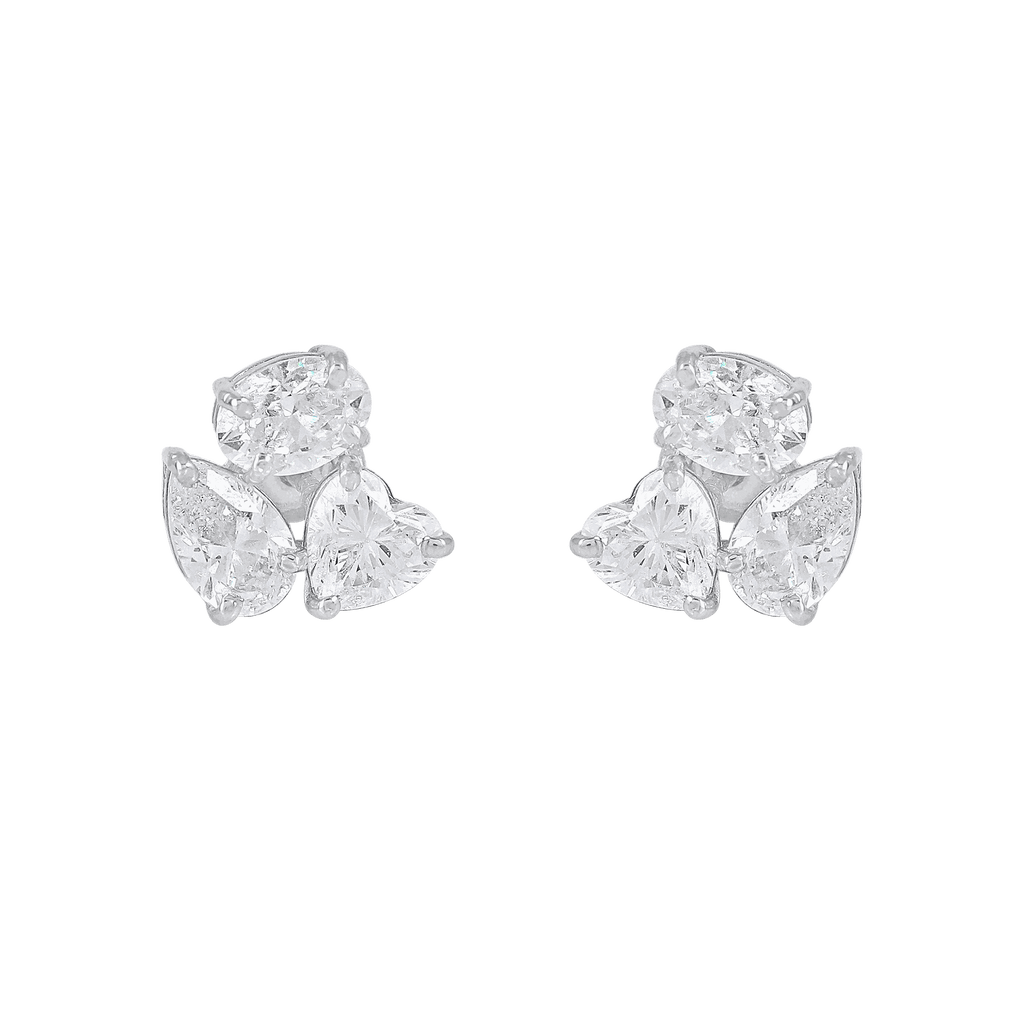 Celestial Trio Multi-Cut CZ Studs featuring silver earrings with heart, pear, and oval shaped cubic zirconia clusters in a geometric design.