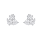 Celestial Trio Multi-Cut CZ Studs featuring silver earrings with heart, pear, and oval shaped cubic zirconia clusters in a geometric design.