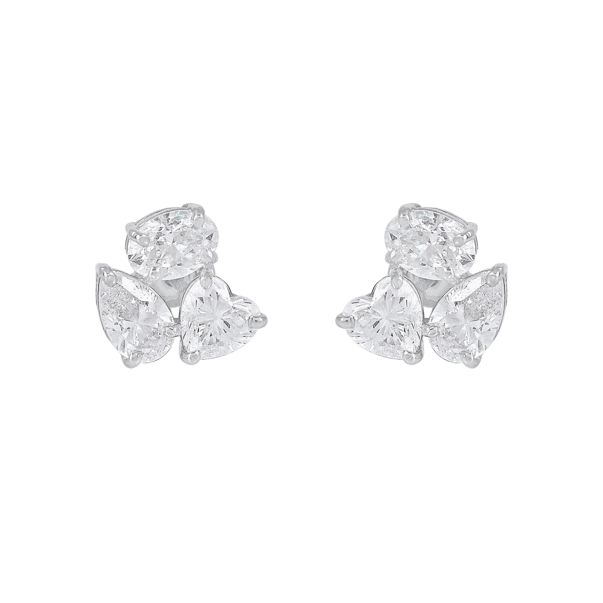 Celestial Trio Multi-Cut CZ Studs featuring silver earrings with heart, pear, and oval shaped cubic zirconia clusters in a geometric design.