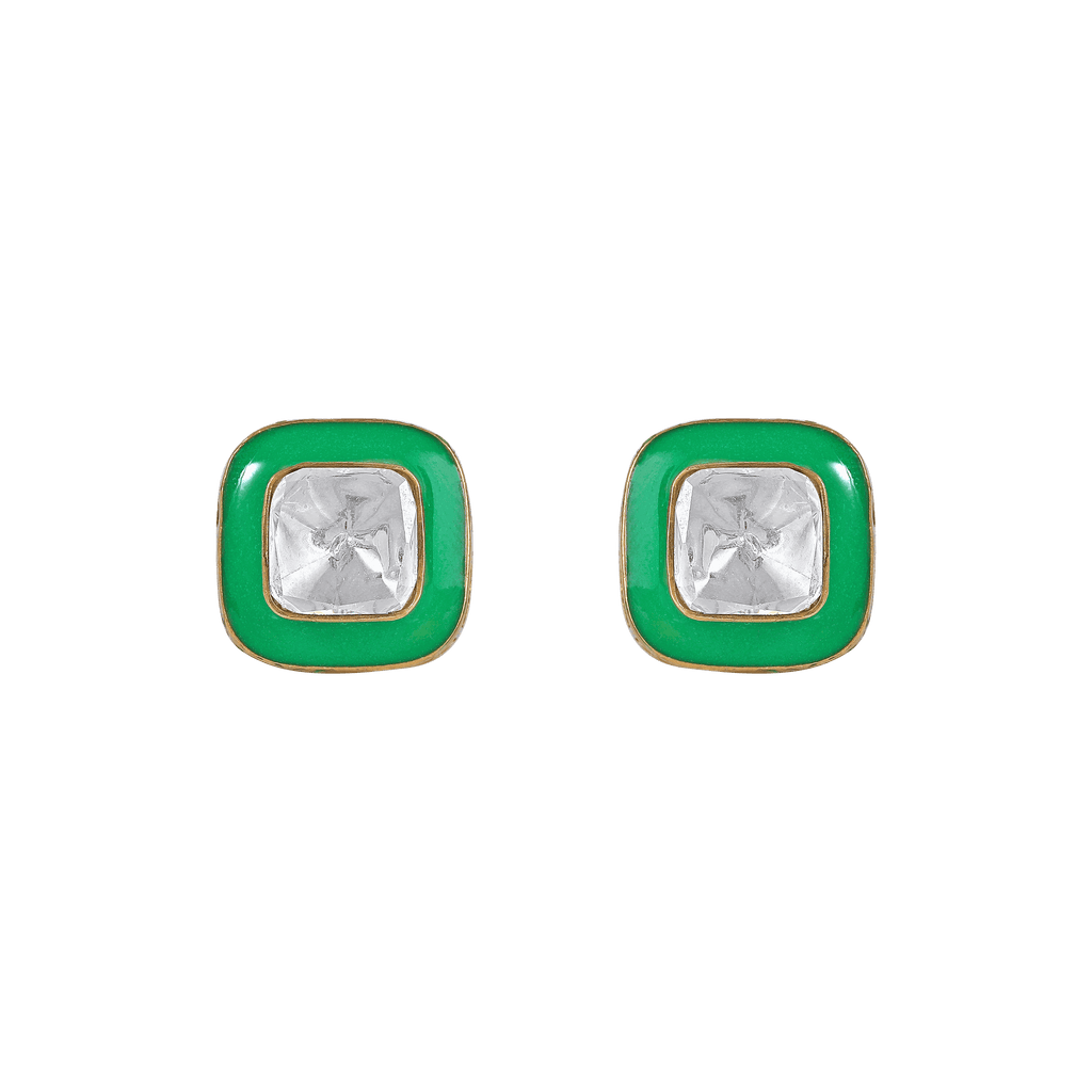 Glow Geometric Silver Studs featuring square green jade-tone frames with center clear CZ crystals and gold-tone edges