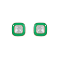 Glow Geometric Silver Studs featuring square green jade-tone frames with center clear CZ crystals and gold-tone edges