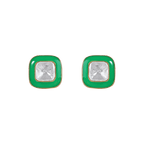 Glow Geometric Silver Studs featuring square green jade-tone frames with center clear CZ crystals and gold-tone edges
