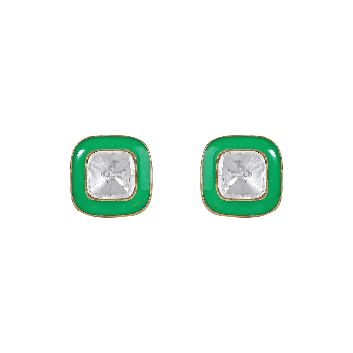 Glow Geometric Silver Studs featuring square green jade-tone frames with center clear CZ crystals and gold-tone edges