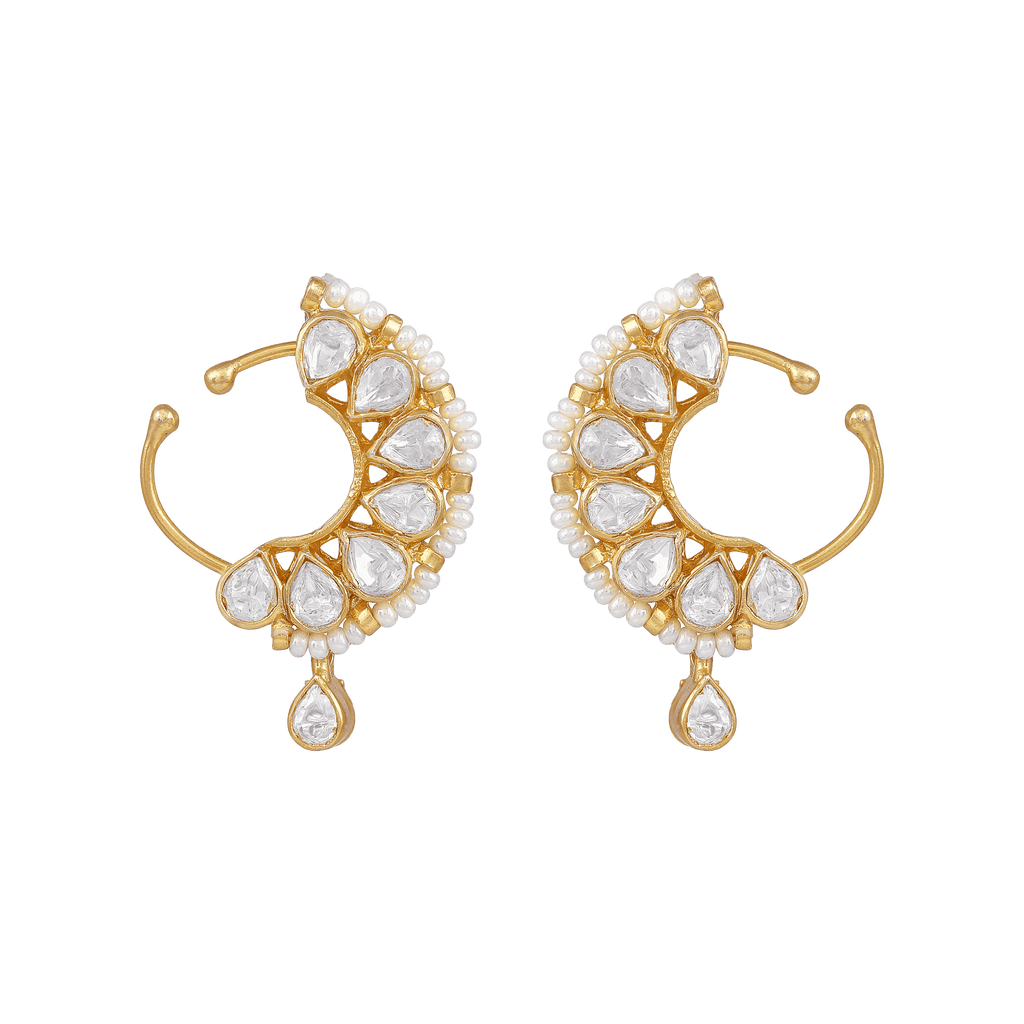 Aurora Bezel-Set CZ Silver Nose Pin featuring gold-tone metal, pear-cut and round clear CZ stones, and pearl accents.