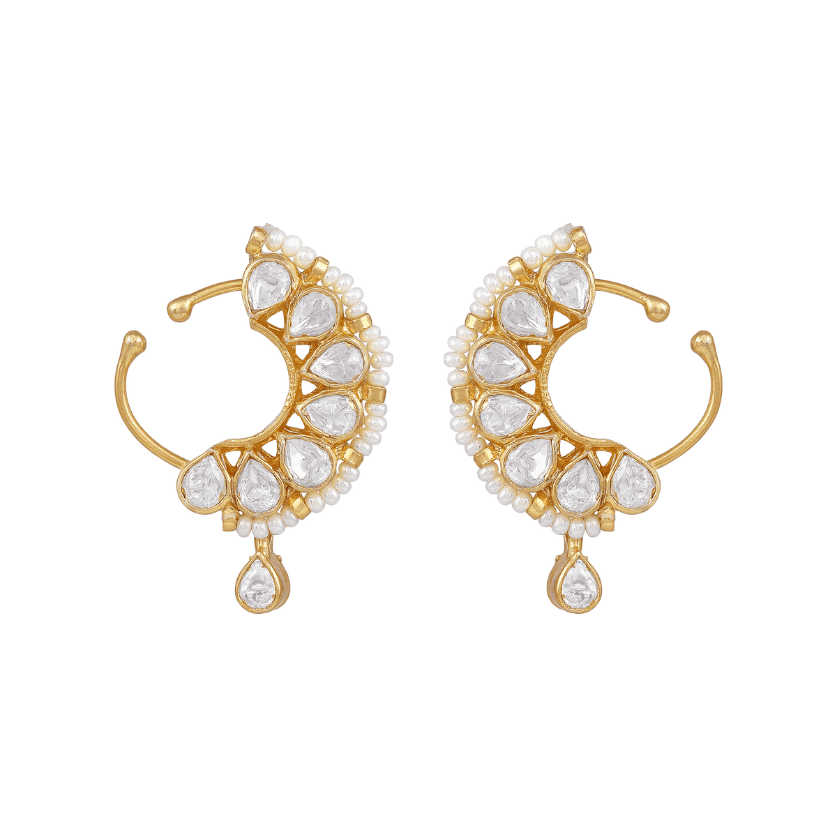 Aurora Bezel-Set CZ Silver Nose Pin featuring gold-tone metal, pear-cut and round clear CZ stones, and pearl accents.