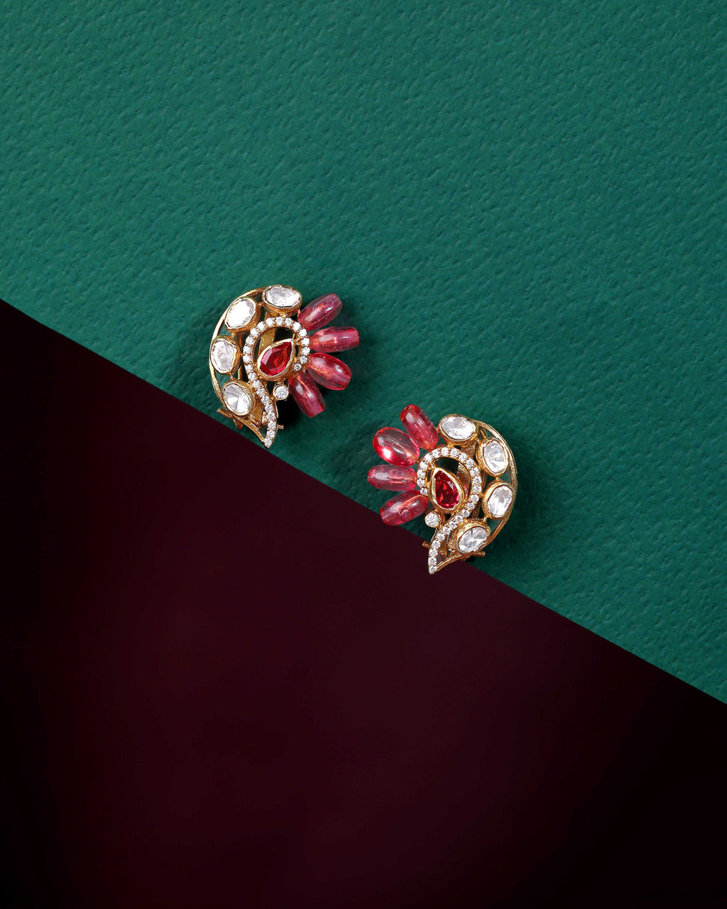 Silver Peacock Stud Earrings in Pink Stone by Tavya Jewellery - close-up detail