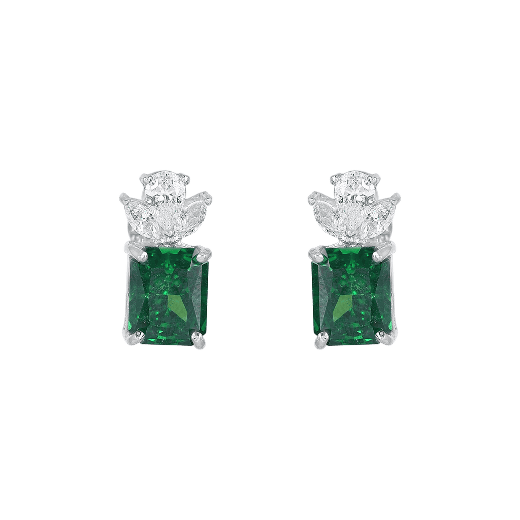 Silver Lotus-Crown Studs featuring cushion-cut green stones and clear gems in a sterling silver prong setting.