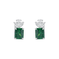 Silver Lotus-Crown Studs featuring cushion-cut green stones and clear gems in a sterling silver prong setting.
