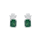 Silver Lotus-Crown Studs featuring cushion-cut green stones and clear gems in a sterling silver prong setting.