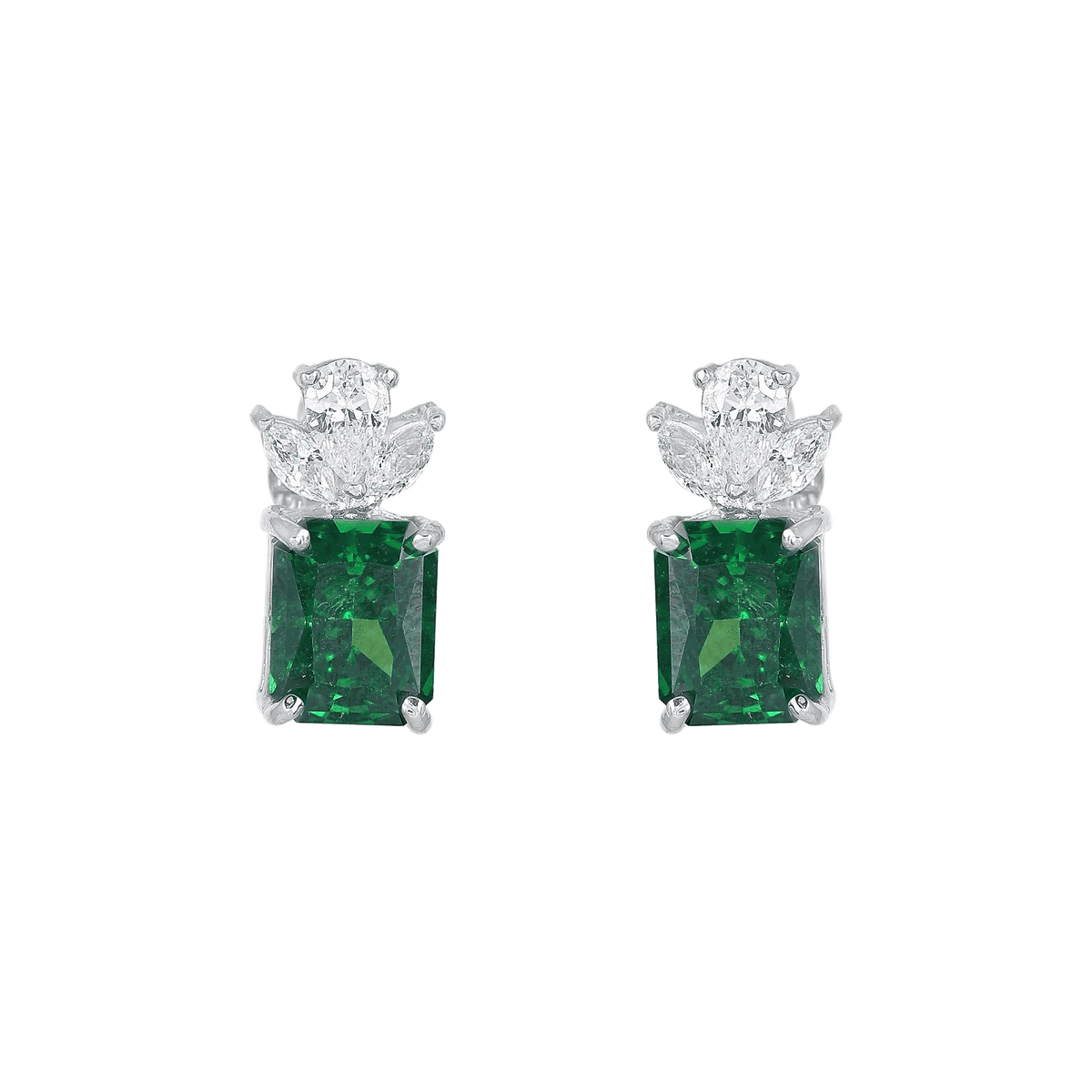 Silver Lotus-Crown Studs featuring cushion-cut green stones and clear gems in a sterling silver prong setting.