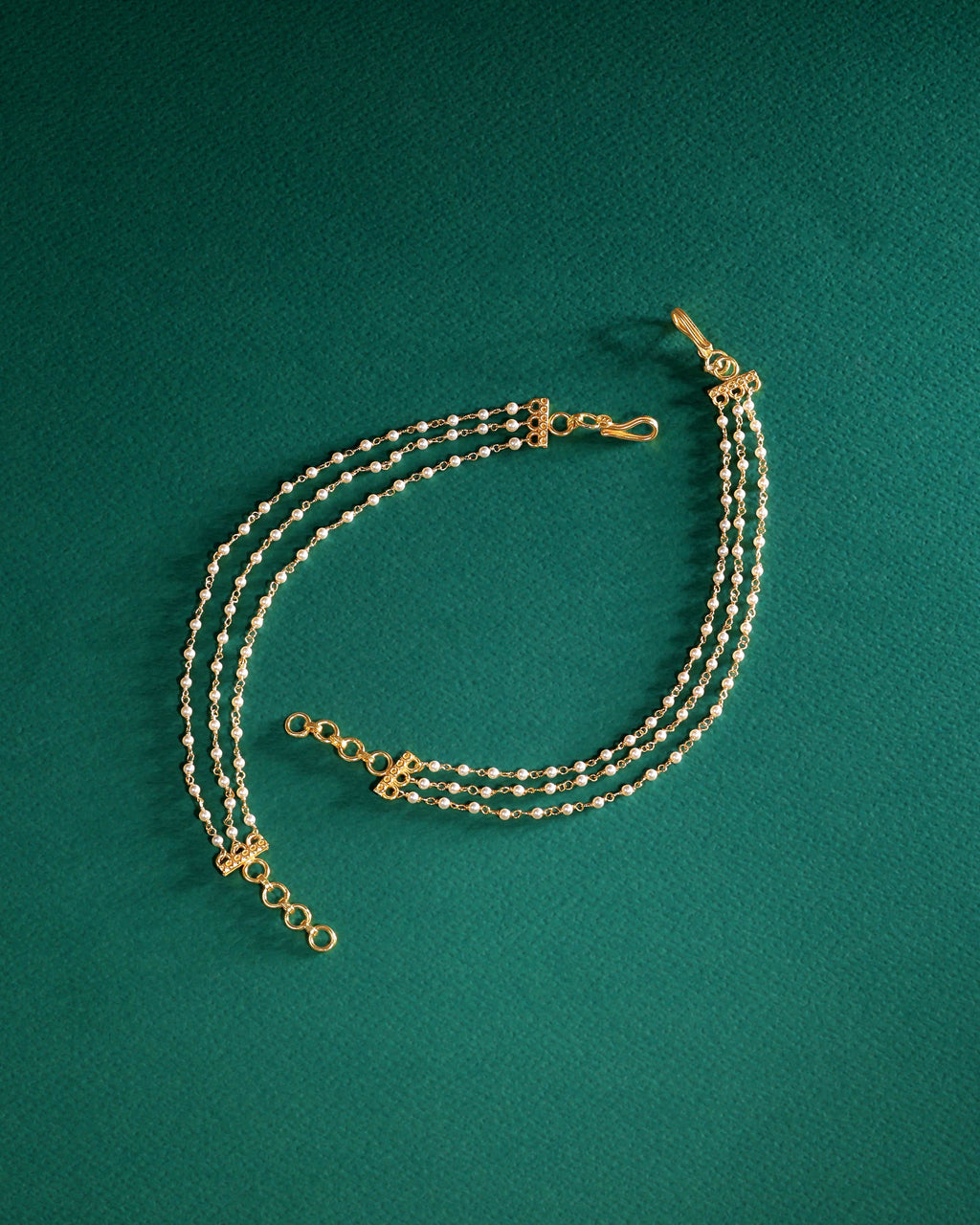 Three-Layered Pearl Silver Ear Chains by Tavya Jewellery - close-up detail