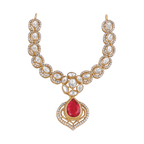 Pink Ruby Stone Pear Necklace featuring a vibrant red teardrop gemstone with clear oval stones set in gold-plated silver