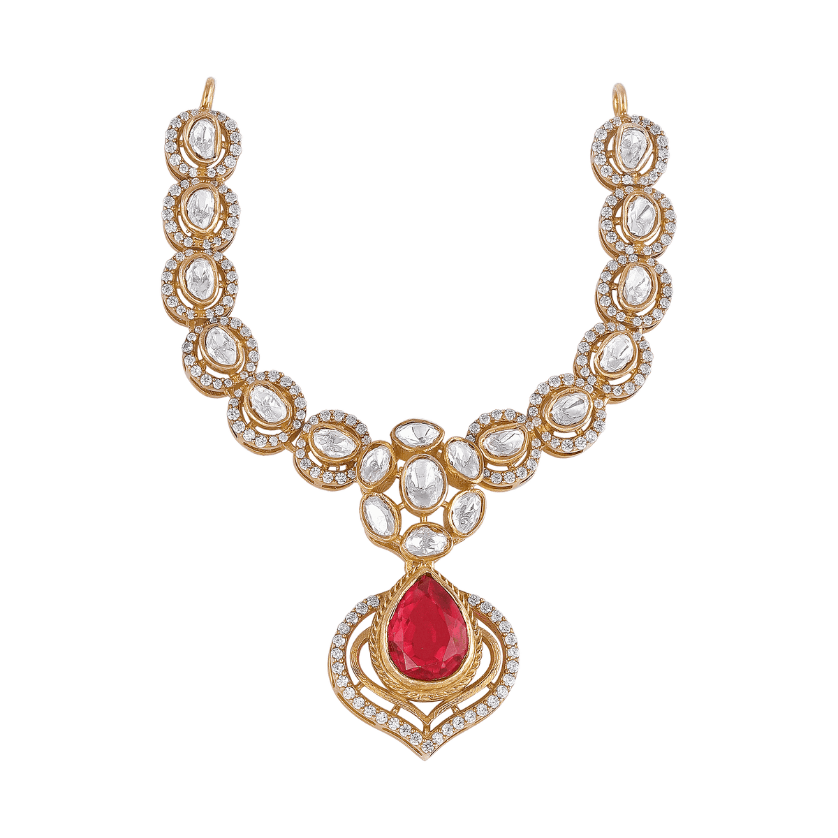 Pink Ruby Stone Pear Necklace featuring a vibrant red teardrop gemstone with clear oval stones set in gold-plated silver