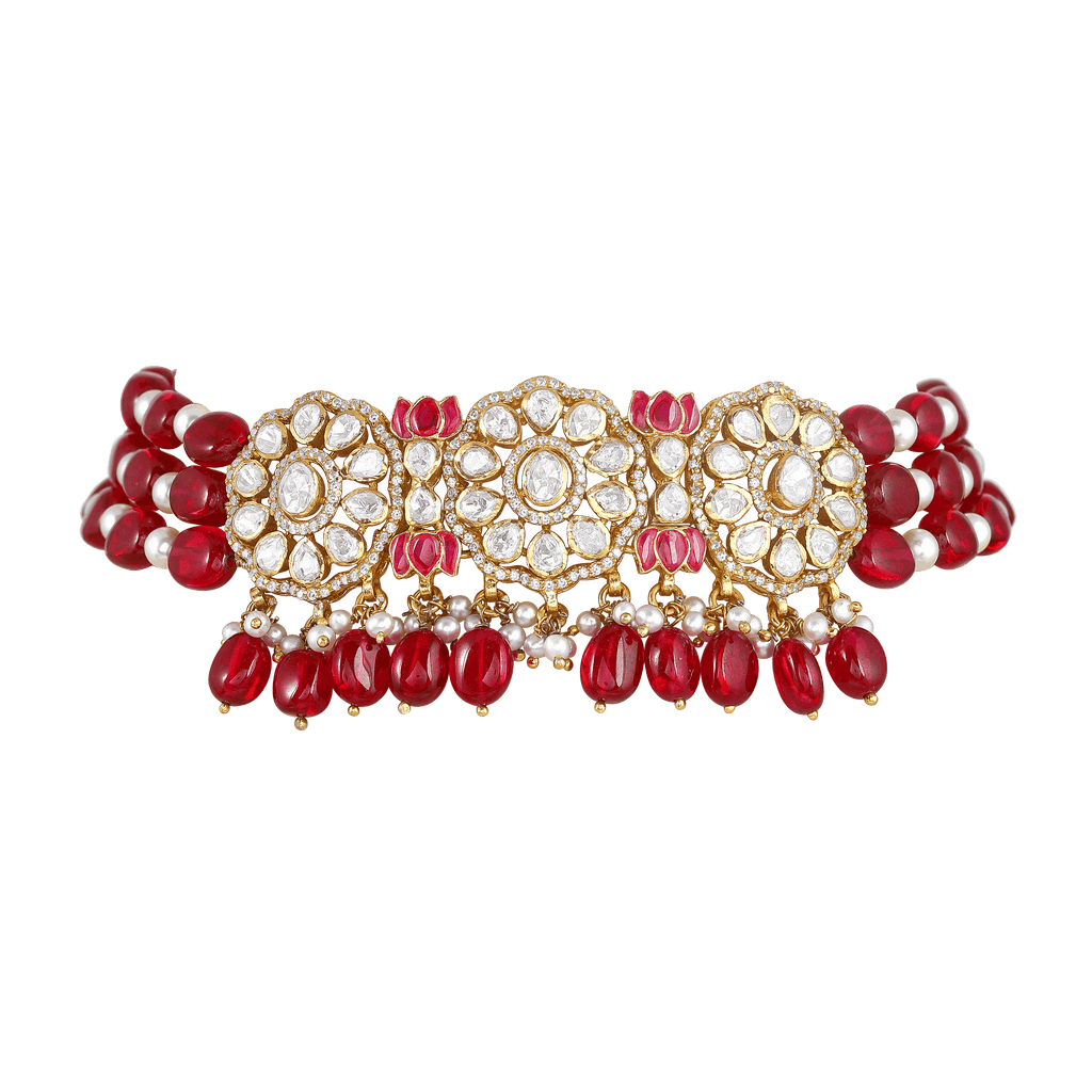 Silver Floral Medallion Choker featuring ornate floral mandalas with white stones, pink-red accents, and red bead fringe detail.