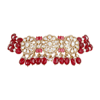 Silver Floral Medallion Choker featuring ornate floral mandalas with white stones, pink-red accents, and red bead fringe detail.