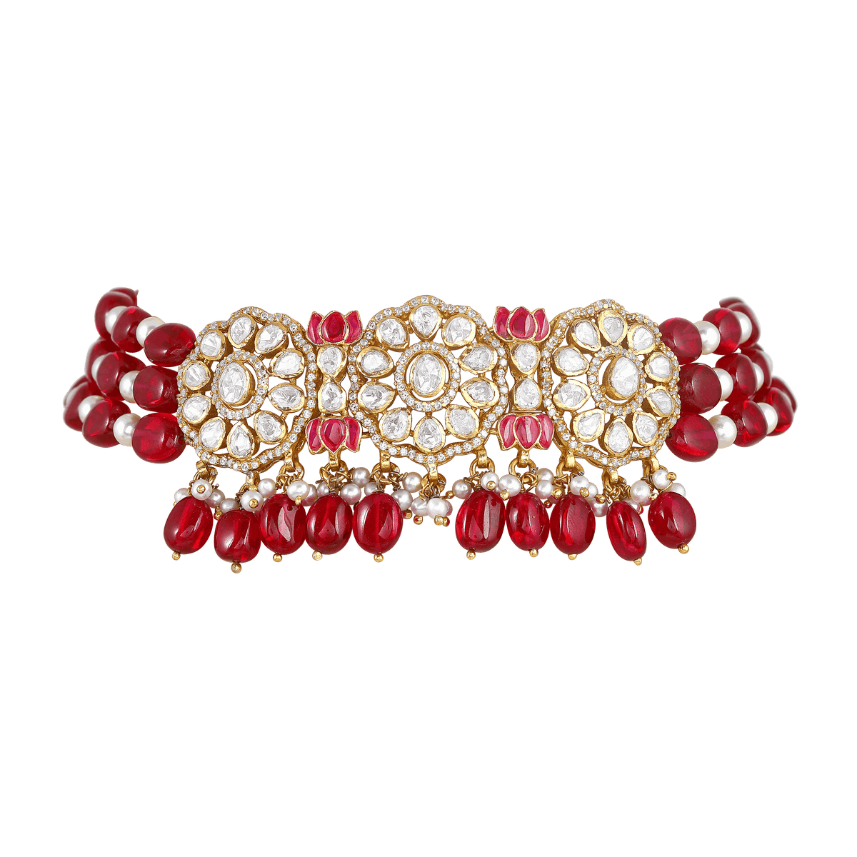Silver Floral Medallion Choker featuring ornate floral mandalas with white stones, pink-red accents, and red bead fringe detail.