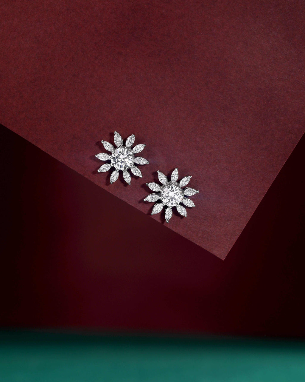 Stellar Sunburst CZ Stud Earrings in Silver by Tavya Jewellery - close-up detail