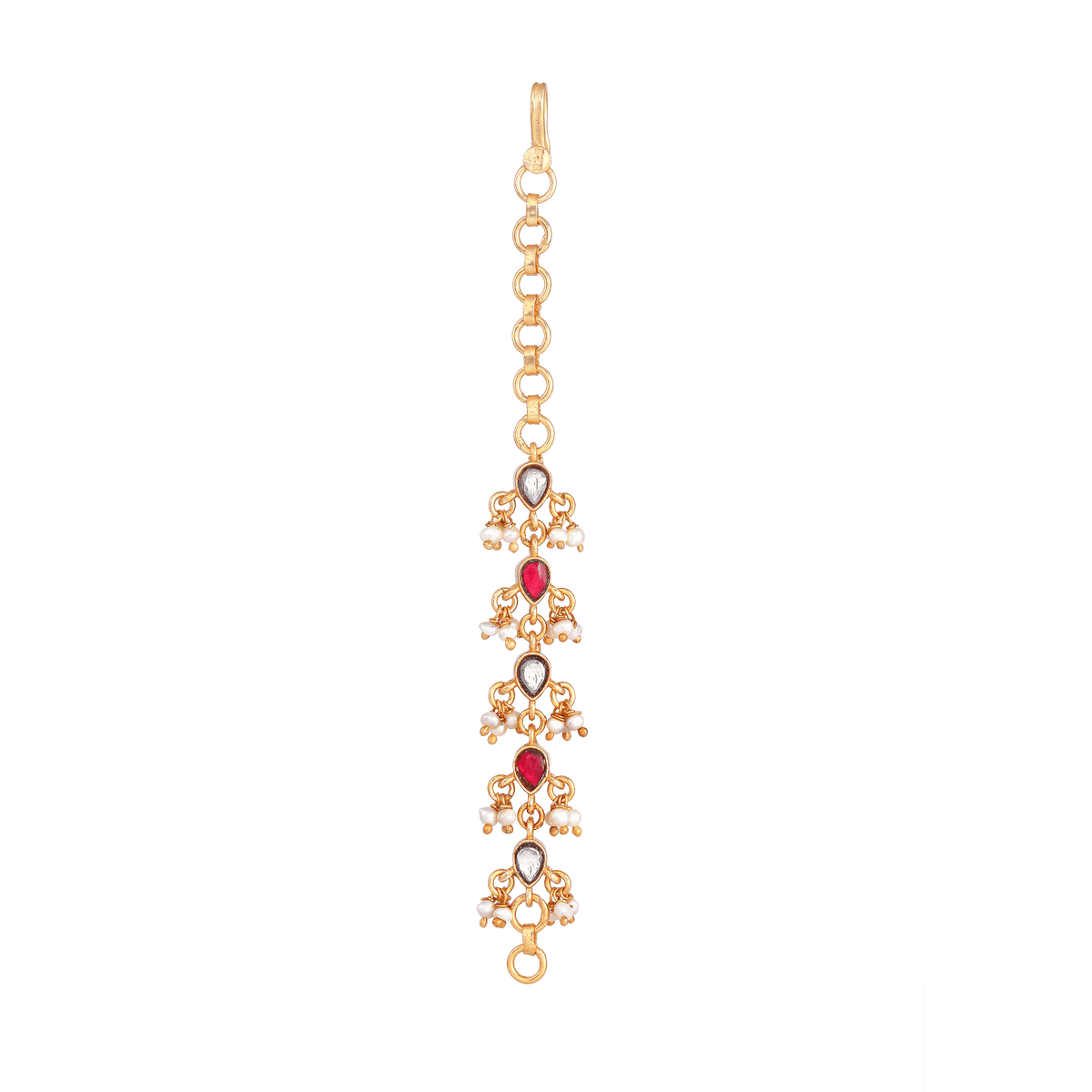Silver Gold Plated Matilu featuring gold-plated chain with teardrop ruby red stones, CZ accents, and delicate pearl drops.