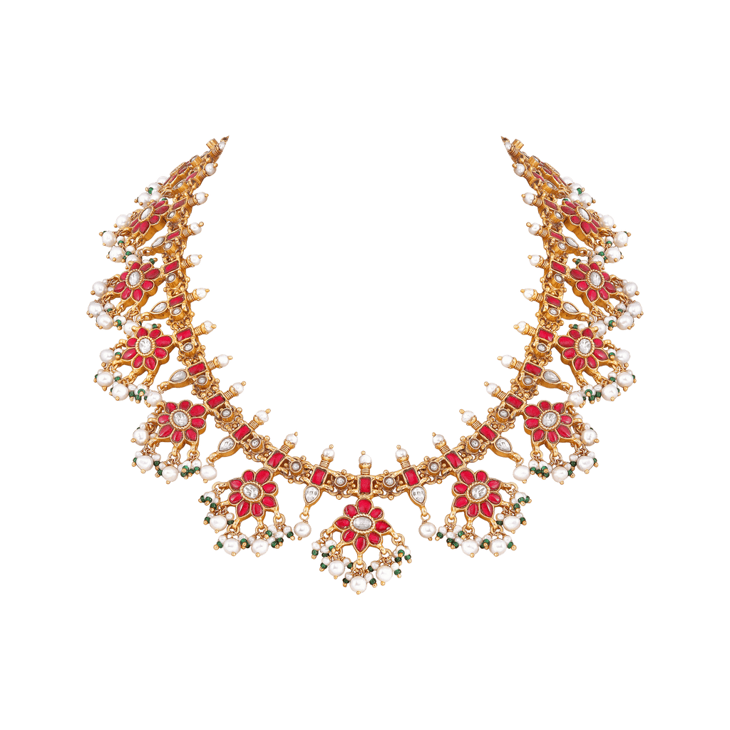Silver Red Stone Haram featuring gold-tone metal with red floral stones, white pearl fringes, and green bead accents in an ornate design.