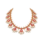 Silver Red Stone Haram featuring gold-tone metal with red floral stones, white pearl fringes, and green bead accents in an ornate design.