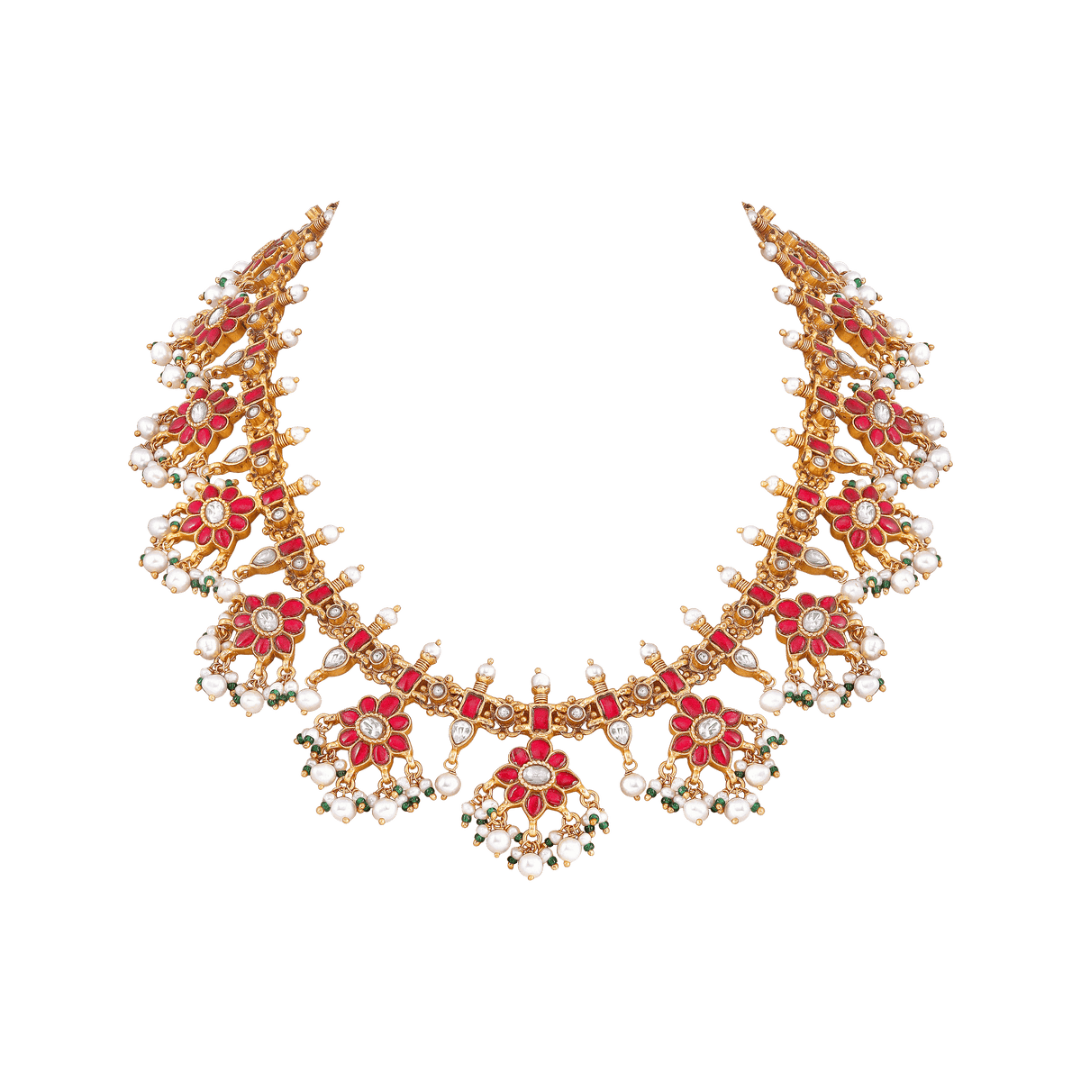 Silver Red Stone Haram featuring gold-tone metal with red floral stones, white pearl fringes, and green bead accents in an ornate design.