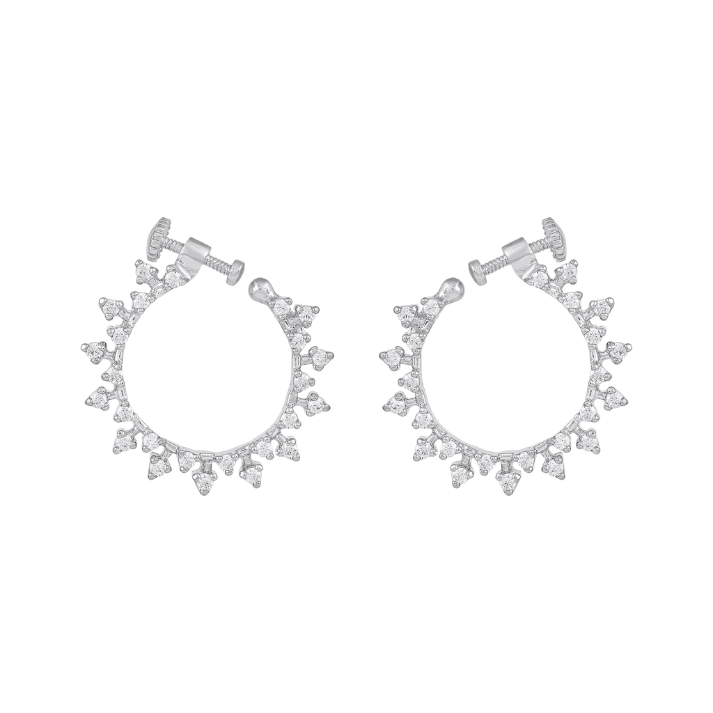 Stellar Halo CZ silver nose rings with clear cubic zirconia stones in a floral-spike pattern and screw-back closures.
